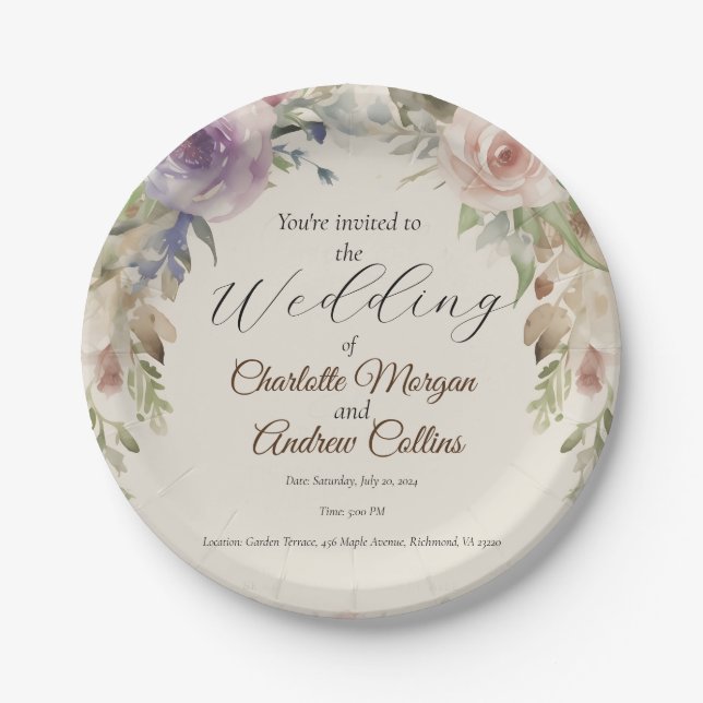 Prato De Papel Convite de casamento floral pintado (Frente)