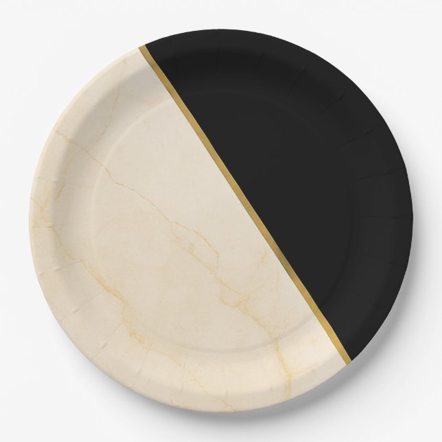 Prato De Papel Convite de Casamento Mármore Marfim e Dourado Geom (Frente)