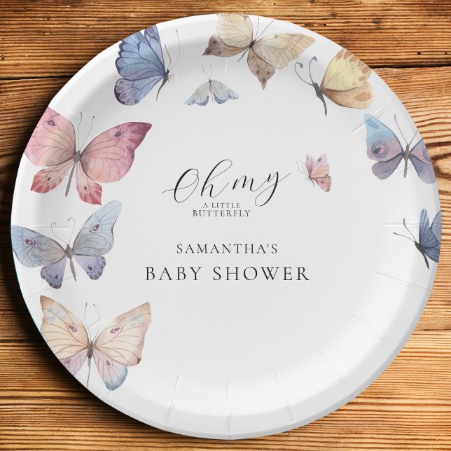 Prato De Papel Convite de Chuveiro de Bebê Menina Borboleta Aquar (Butterfly Girl Baby Shower Watercolor Paper Plate)