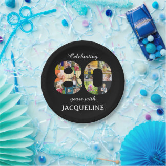 Prato De Papel Convite de Modelo de Foto de Aniversário de 80