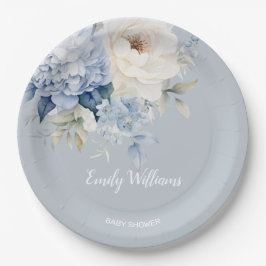 Prato De Papel Convite para chás de fraldas florais, azuis e bran
