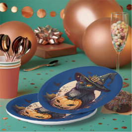 Prato De Papel Convite para Festa de Halloween de Gato Negro Boni