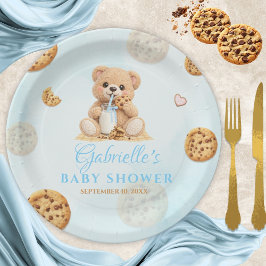 Prato De Papel  Cookies and milk Baby Shower - Teddy Bear  Blue