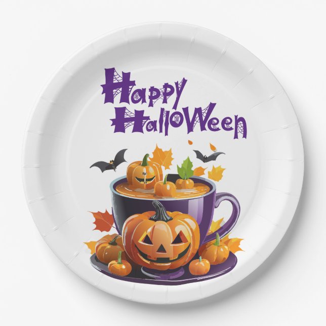 Prato De Papel Copo de Chá de Halloween Jack-O-Lantern Brew (Frente)