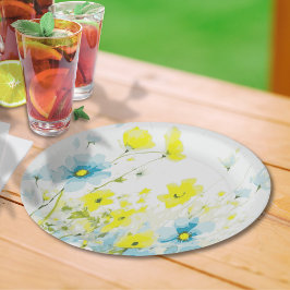 Prato De Papel Cópulas Amarelas Rústicas Simples Azuis Aquarela