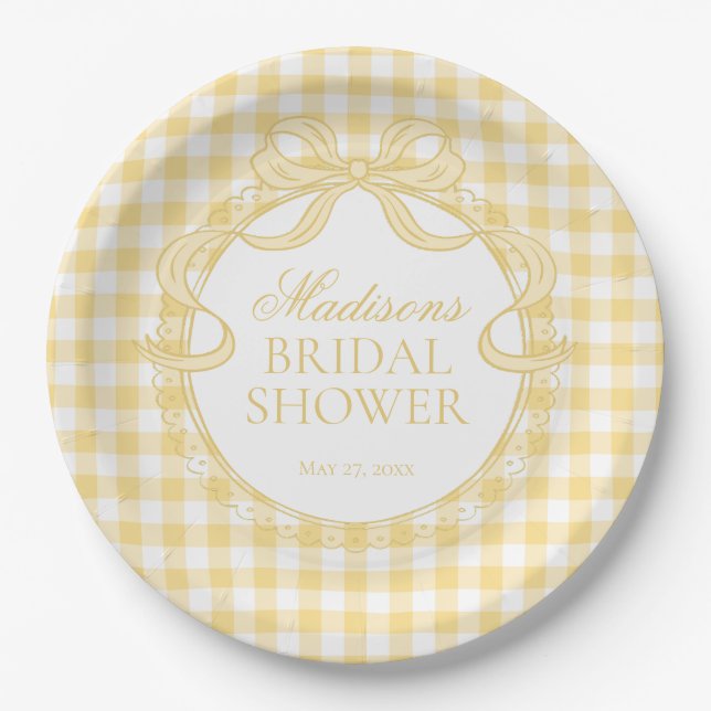 Prato De Papel Coquete Gingham Amarelo Chá de Noiva (Frente)