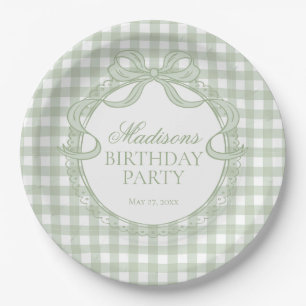 Prato De Papel Coquete Gingham Verde Laço Festa de Aniversário