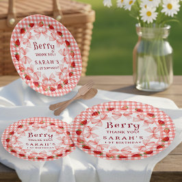 Prato De Papel Coquette Berry Primeiro Aniversário Xadrez Vermelh