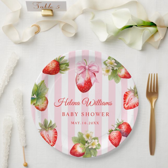 Prato De Papel Coquette Bow Strawberries Baby Shower (Casamento)