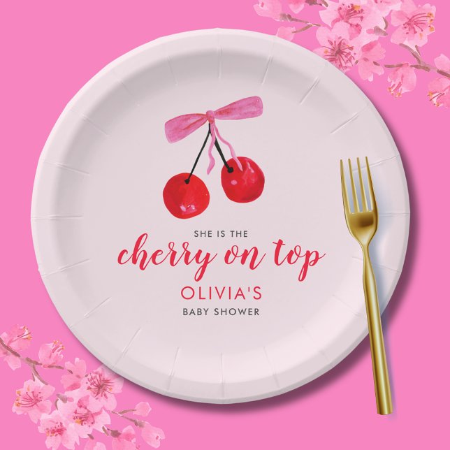 Prato De Papel Coquette Cherry no Top Girls Chá de fraldas (Cherry on Top Baby Shower  paper plate with coquette cherries and pink ribbon bow)