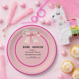 Prato De Papel Coquette Pink Bow Ribbon Girl Baby Shower