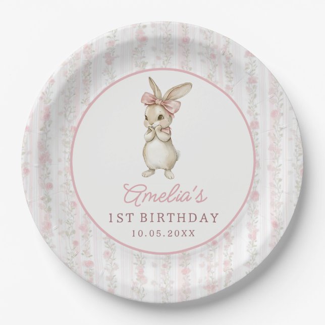 Prato De Papel Coquette Pink Bunny Birthday Party Paper Plates (Frente)