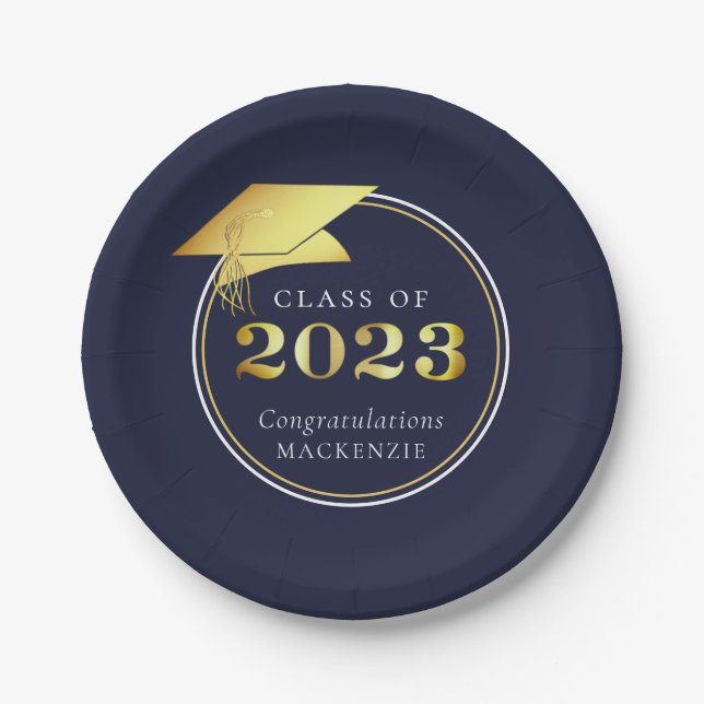 Prato De Papel Cor Azul ou Personalizada do Marinho 2023 Dourado  (Frente)