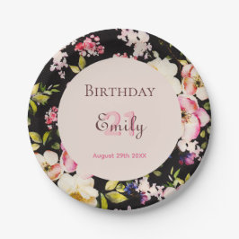 Prato De Papel Cor da Água Rosa e Rosas Amarelas em Preto, Aniver