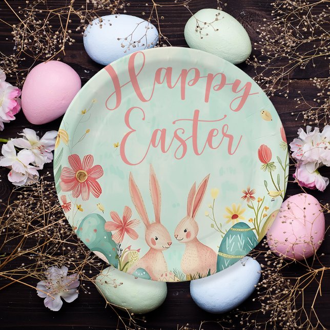 Prato De Papel Cor da água verde clara do felz pascoa (Happy Easter light green watercolor Paper Plate)