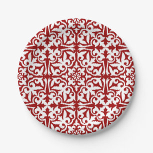 Prato De Papel Cor damasco de Ikat - obscuridade - vermelho e