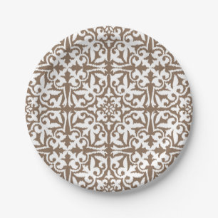 Prato De Papel Cor damasco de Ikat - Taupe Tan e branco