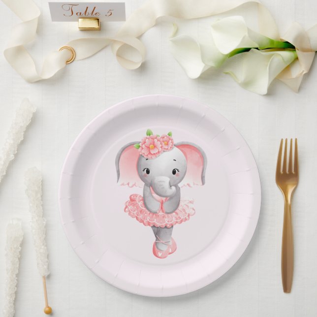 Prato De Papel Cor-de-rosa e elefante-Cinza Ballerina (Casamento)