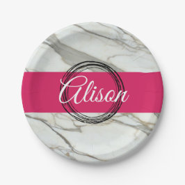 Prato De Papel Cor-de-rosa-mármore branco personalizado