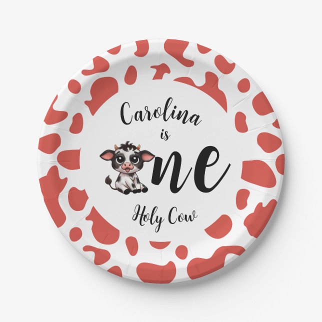 Prato De Papel Cor-de-rosa Santa Vaca Primeiro Aniversário (Frente)