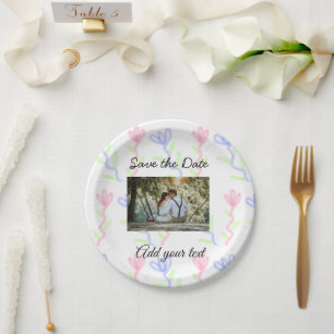 Prato De Papel Cor simples da água Flor azul rosa salvar a data