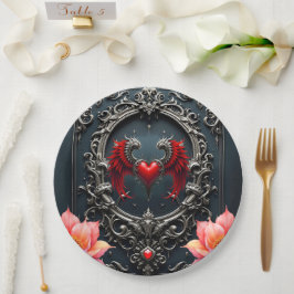 Prato De Papel Coração Alado Carmesim  Romance Gótico Elegante . 