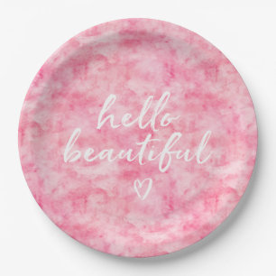 Prato De Papel Coração bonito cor-de-rosa da aguarela olá!