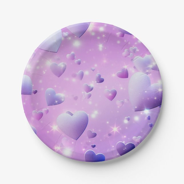 Prato De Papel Coração Brilho Roxo  (Frente)
