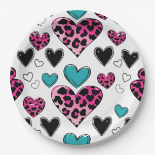 Prato De Papel Coração de Leopardo Ousado Amor – Rosa, Preto e Az