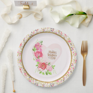 Prato De Papel Coração de Rosa Elegante Feliz Dia das Mães Festa