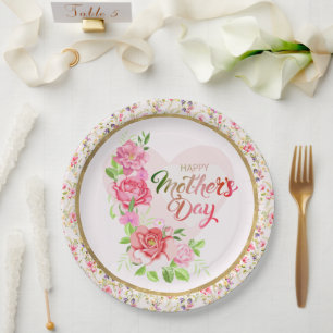 Prato De Papel Coração de Rosa Elegante Festa Feliz Dia das Mães