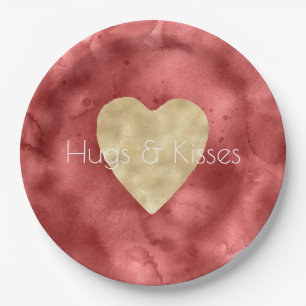 Prato De Papel Coração Dourado Red Watercolor
