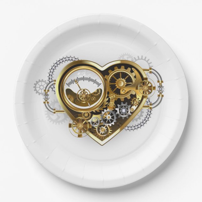 Prato De Papel Coração Steampunk com Manômetro (Frente)