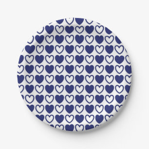 Prato De Papel Corações Azul e Branco