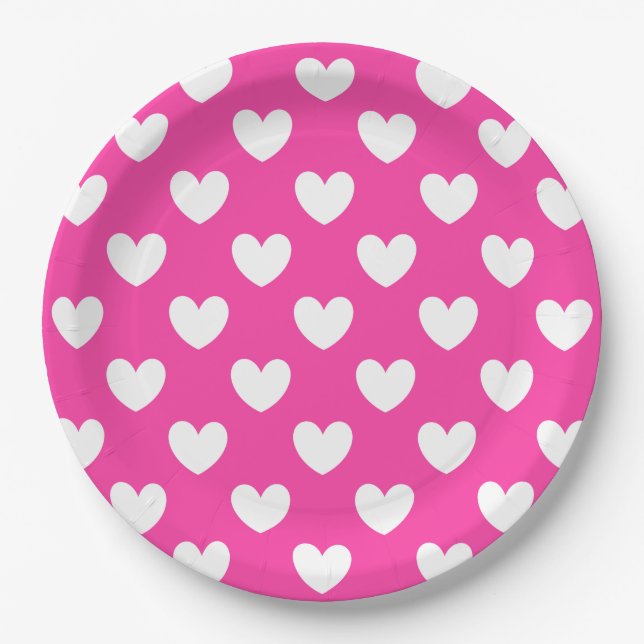 Prato De Papel Corações brancos de polca em rosa fuchsia (Frente)