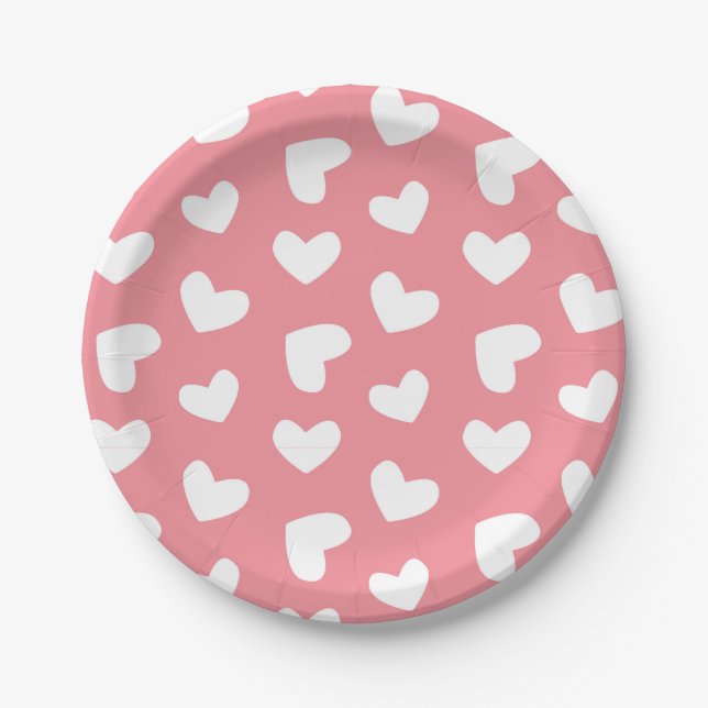 Prato De Papel Corações Cor-de-Rosa e Branco (Frente)