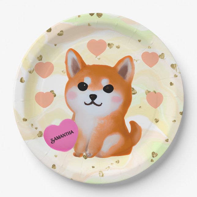 Prato De Papel Corações Cute Shiba Inu | Para O Cão Lover (Frente)