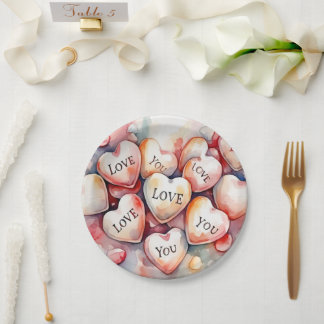 Prato De Papel Corações de aquarela "Eu te amo" Decoração para fe