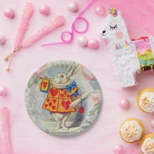 Prato De Papel Corações do Coelho Branco Alice Clássico