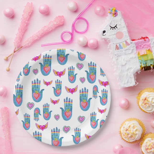 Prato De Papel Corações e mãos flamejantes Namorados de aquarela (Festa)