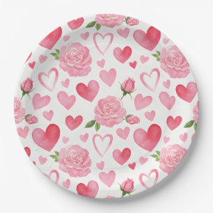 Prato De Papel Corações e Rosas Cor-de-Rosa