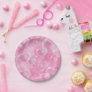 Prato De Papel Corações em Bolha Rosa Estilo Fofinho de Menina An