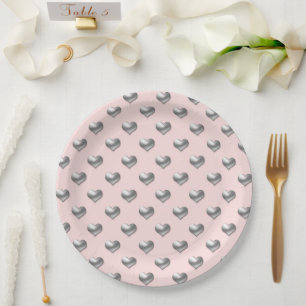 Prato De Papel Corações prateados elegantes em fundo rosa macio