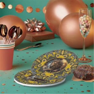 Prato De Papel Corajoso Leo Zodiac Dourado Amarelo-Mandala