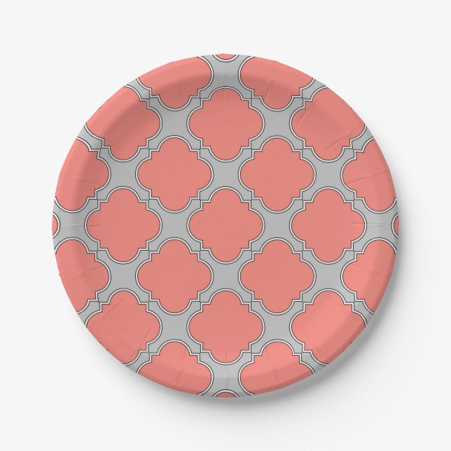 Prato De Papel Coral e cinza de Quatrefoil (Frente)