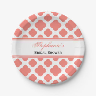 Prato De Papel Coral Pink Quatrefoil Padrão Bridal Chuva