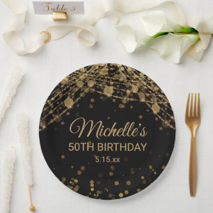 Prato De Papel Corda Dourada Negra Luz Brilhante Aniversário do A