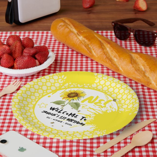 Prato De Papel Cores d'água Girassol com primeiro aniversario de  (Piquenique)