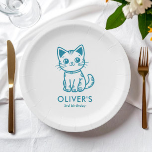 Prato De Papel Cores personalizadas gatinho azul