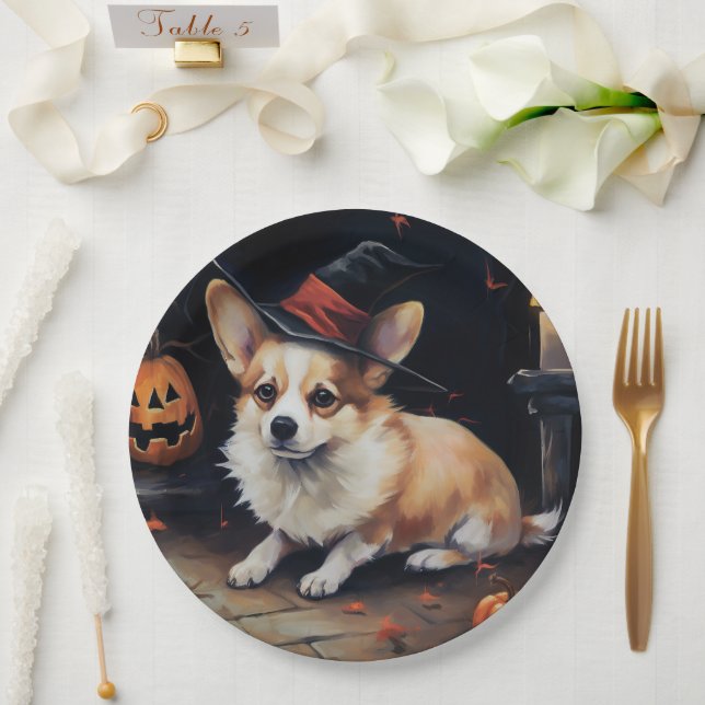 Prato De Papel Corgi Abóboras Halloween Assustador (Casamento)